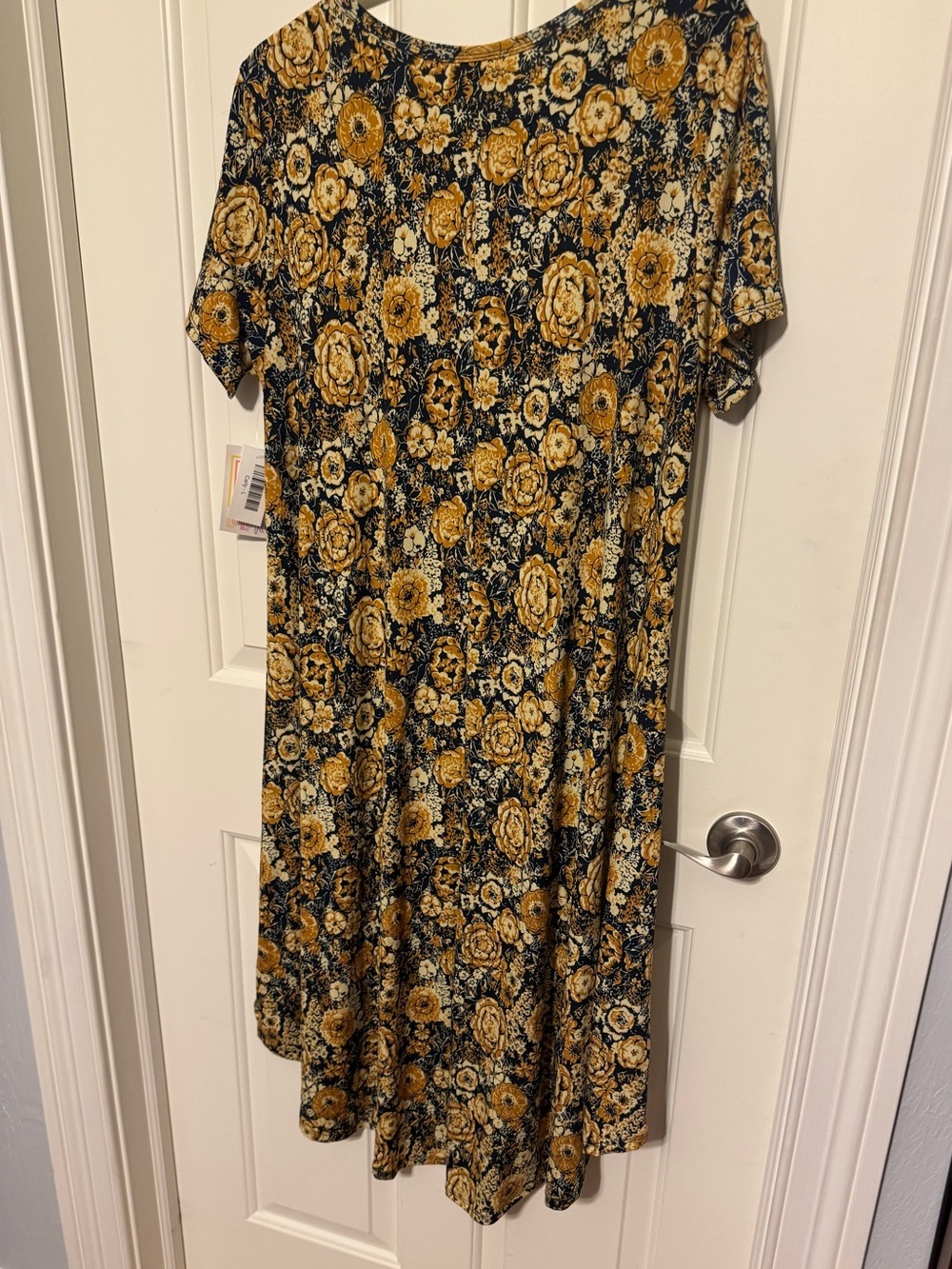 LuLaRoe Carly High-Low Dress Blue and Gold Floral Print Sz Large Super Stretch - Picture 8 of 9